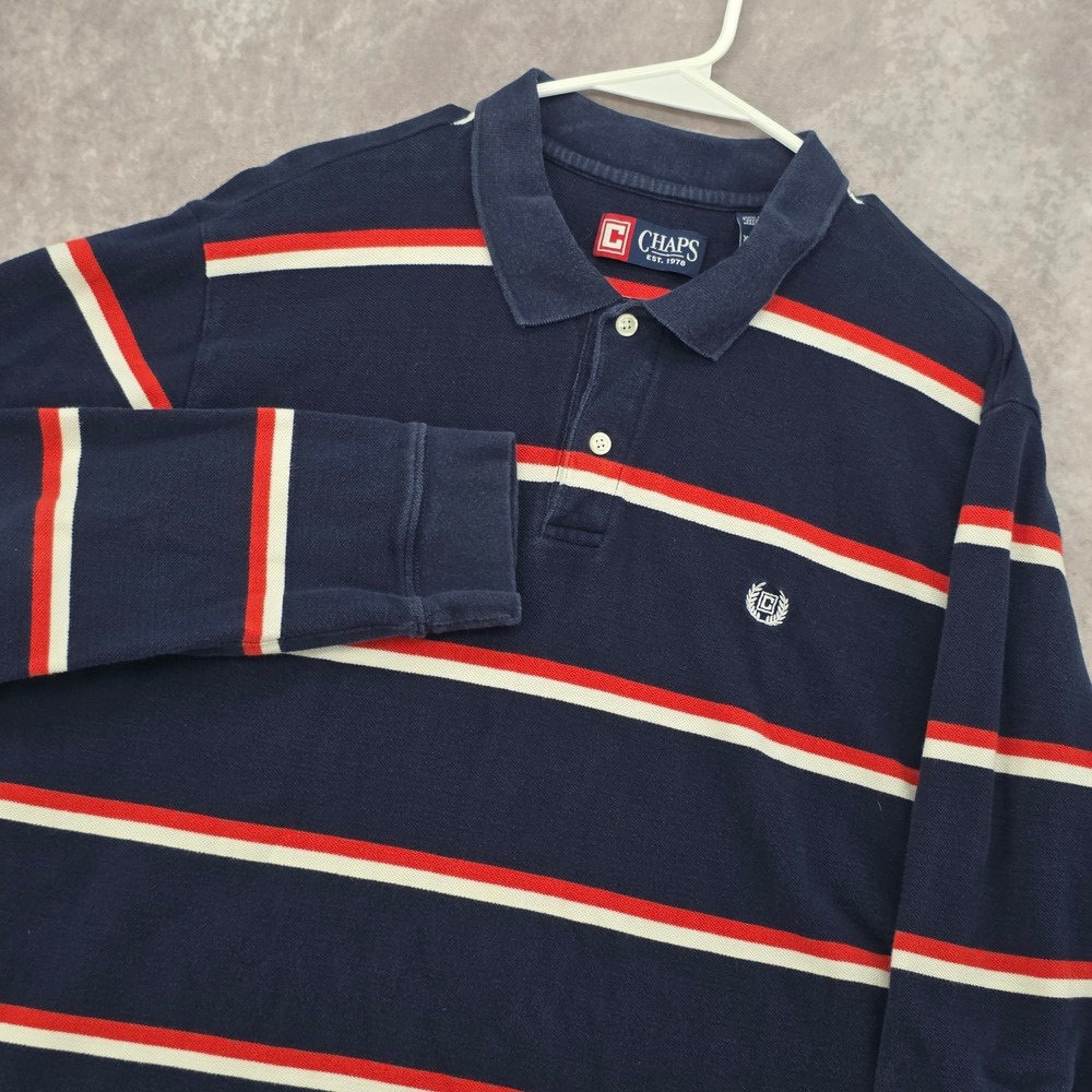 Chaps Mens XL Long Sleeve Polo Shirt Navy Blue Red White Striped Cotton Pique